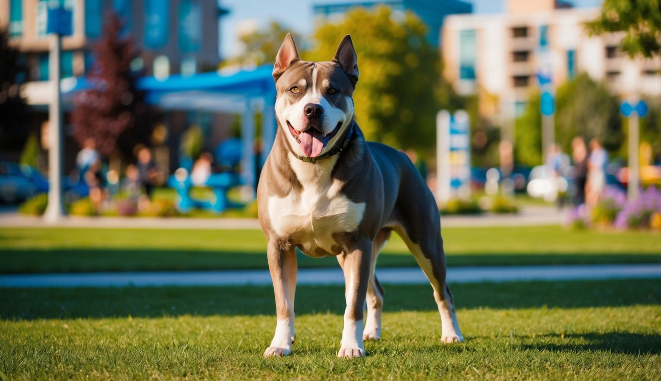 A brown and white Pitbull Husky Mix, known as the Pitsky breed, with a pink tongue stands on grass in a sunny park, with blurred buildings and trees in the background.