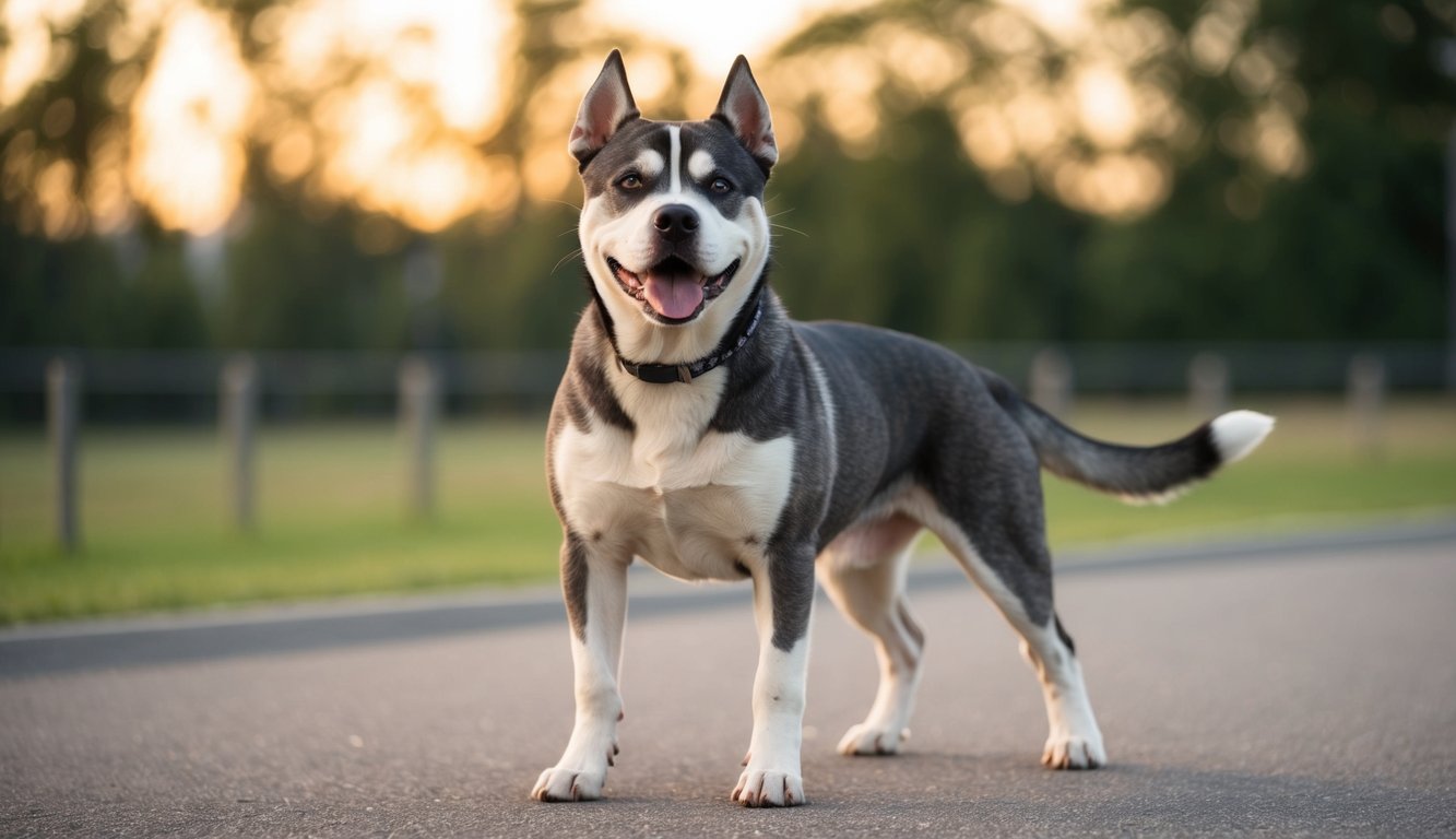 A smiling Pitsky, a charming Pitbull Husky Mix, stands on a paved path with trees blurred in the background.