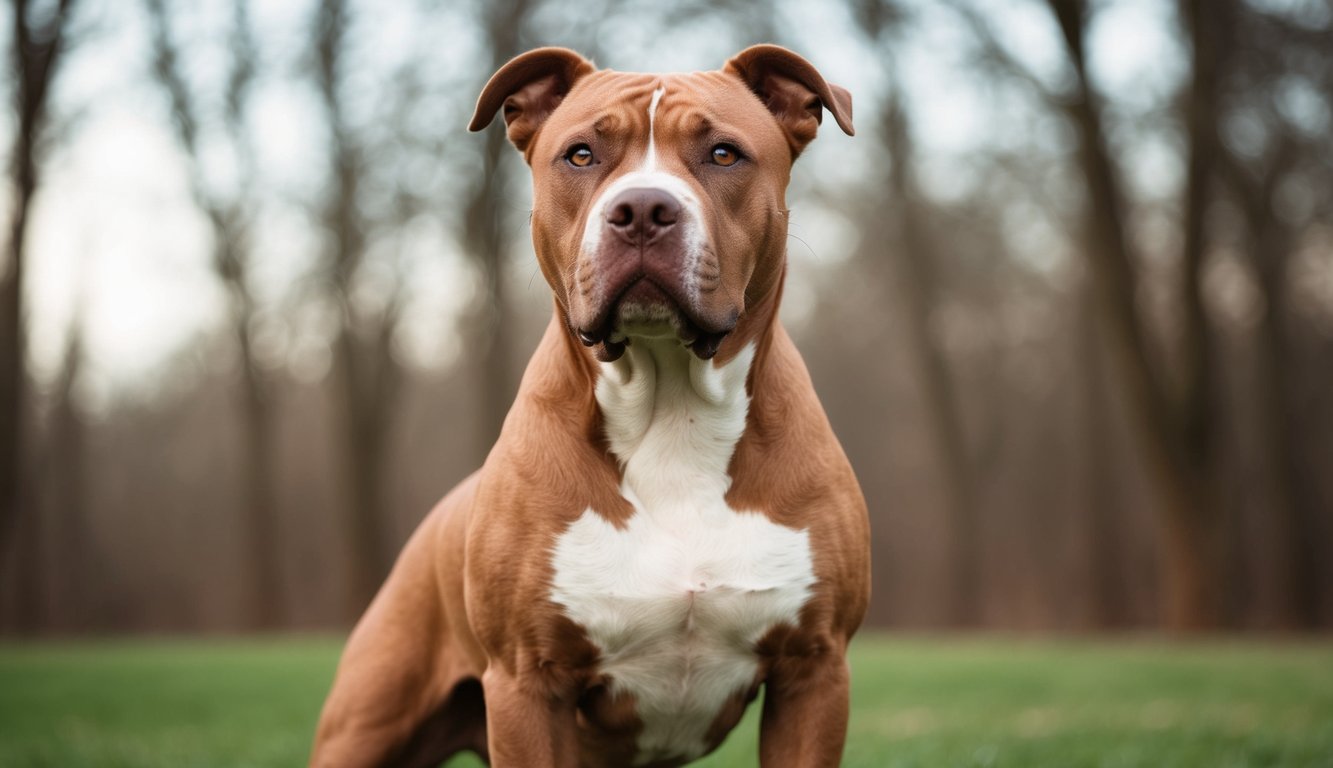 The athletic Cane Corso Pitbull mix sits proudly on the grass, its striking brown and white coat contrasting beautifully with the lush trees in the background.