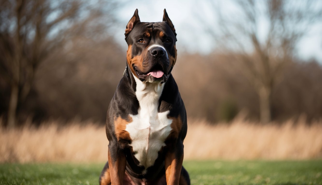 A muscular, black and tan Cane Corso Pitbull Mix with a white chest sits on grass in a field, gaze focused and ears perked up—a true athletic guard dog.