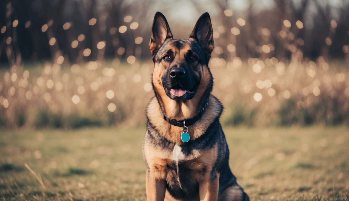 A German Shepherd Pitbull Mix sits gracefully on the grass, wearing a collar with a tag. The blurred background of trees and lights adds to its charm, highlighting the importance of proper care and training for these magnificent creatures.