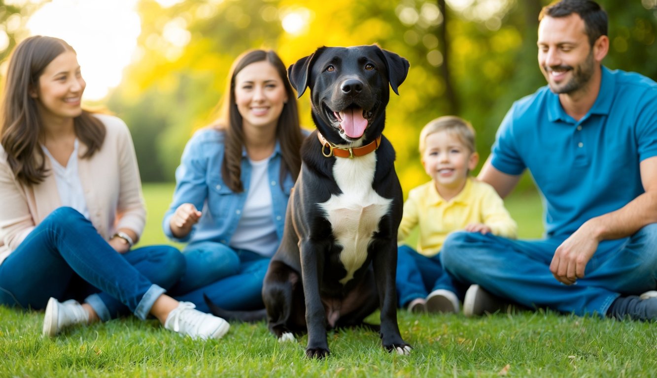 A loving Lab Pit mix with a white chest sits on the grass, surrounded by two women, a man, and a child who are all smiling in the background.
