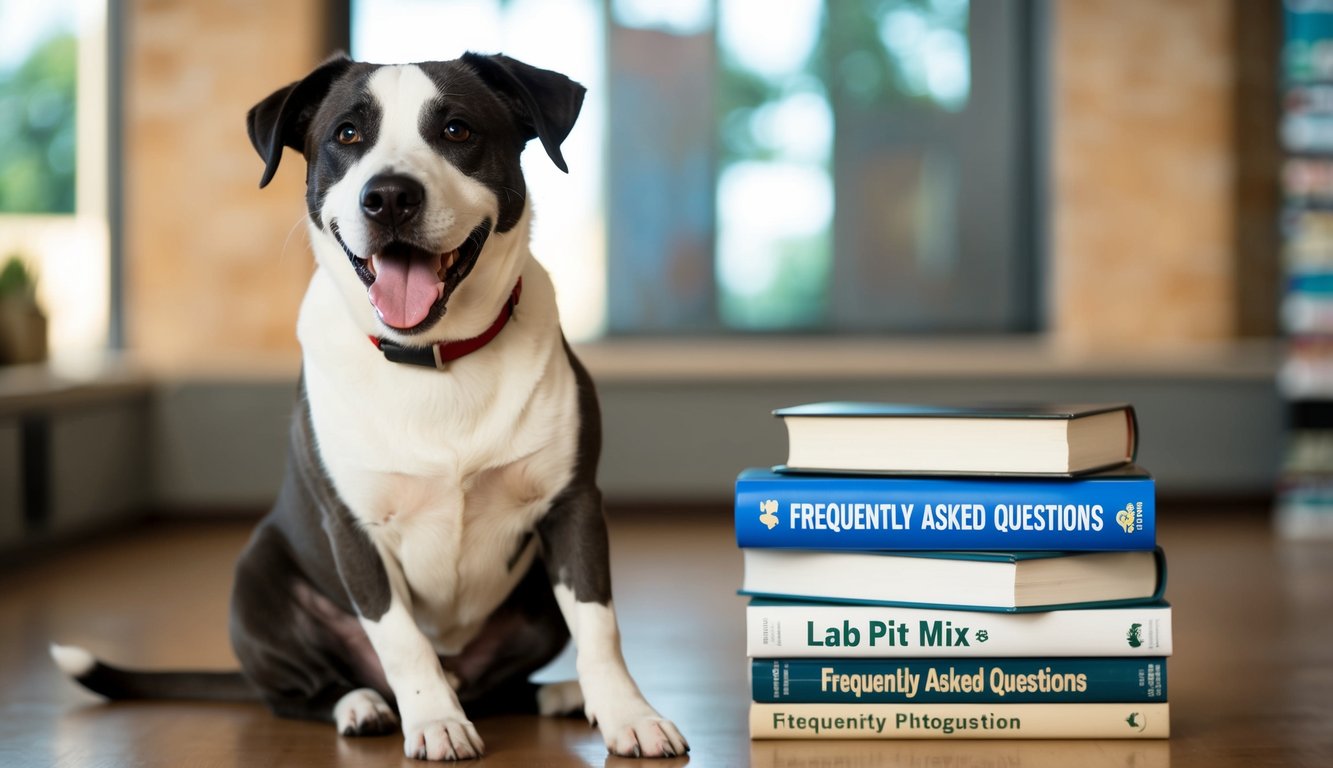 A black and white family dog with a red collar sits on a wooden floor beside a stack of books titled "Frequently Asked Questions" and "Lab Pit Mix Guide.