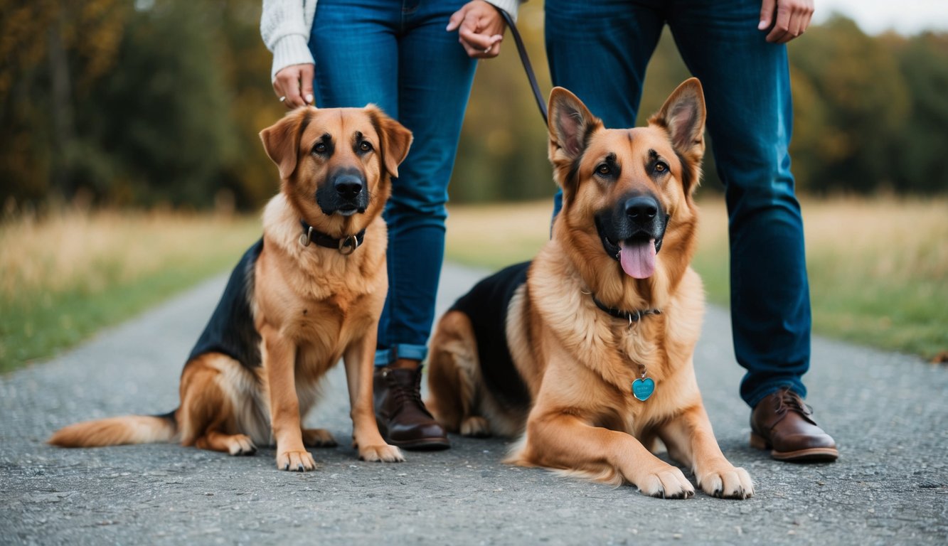 Two German Shepherd dogs, possibly a German Shepherd Golden Retriever Mix, are on a path; one sits while the other lies down. Two people stand behind them, legs visible, holding leashes as they guide them with lush trees in the background.