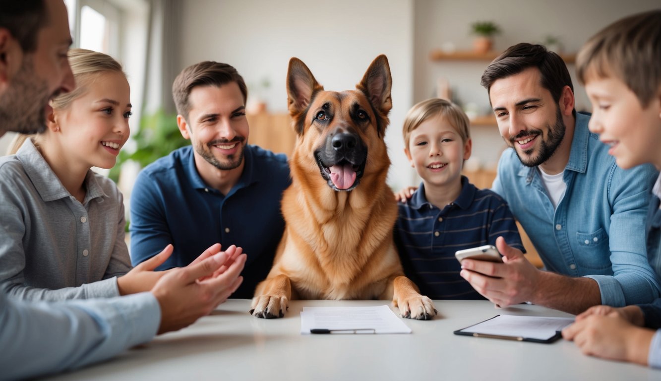 A German Shepherd, possibly a Golden Retriever mix, sits at a table with five smiling people. One person holds a smartphone while a sheet of paper lies in front of the attentive dog, adding an endearing touch to this lively and engaging scene.