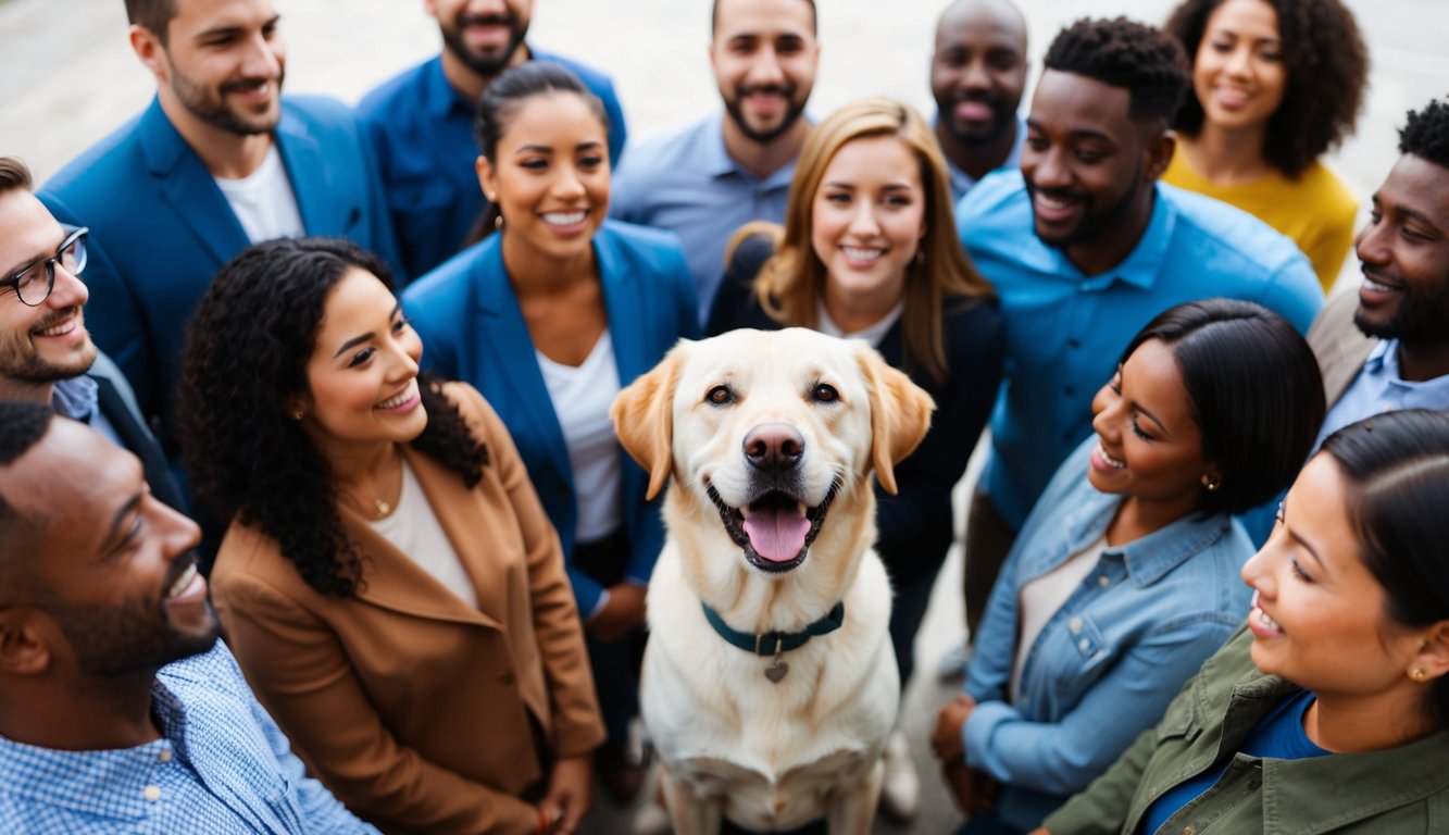 A large group of smiling people stands in a circle around a cheerful family dog, a golden retriever mix.
