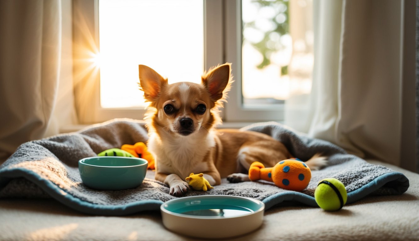 A Chihuahua Mix lies on a blanket by a window with sunlight streaming in, surrounded by colorful toys and two bowls, making the perfect tiny dog companion.