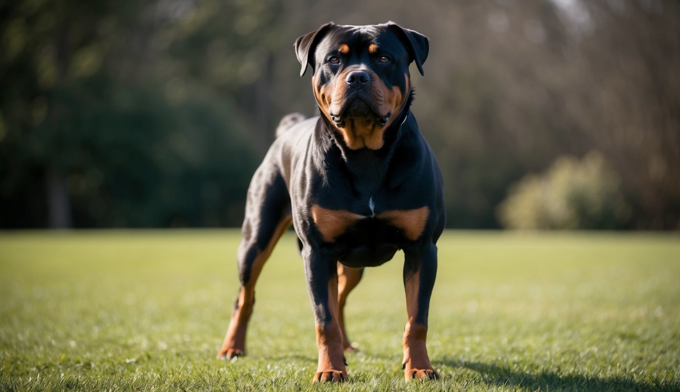 Rottweiler Pitbull Mix standing alert on a grassy field with trees in the background, embodying the essence of a powerful hybrid.