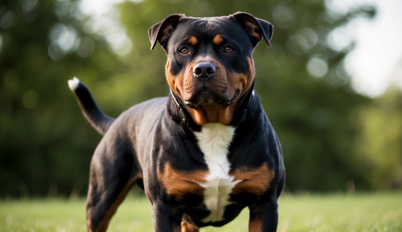 A powerful hybrid, the muscular brown and black dog with a white chest stands majestically on the grass with trees in the background. The Rottweiler Pitbull Mix displays strength and confidence in its stance.