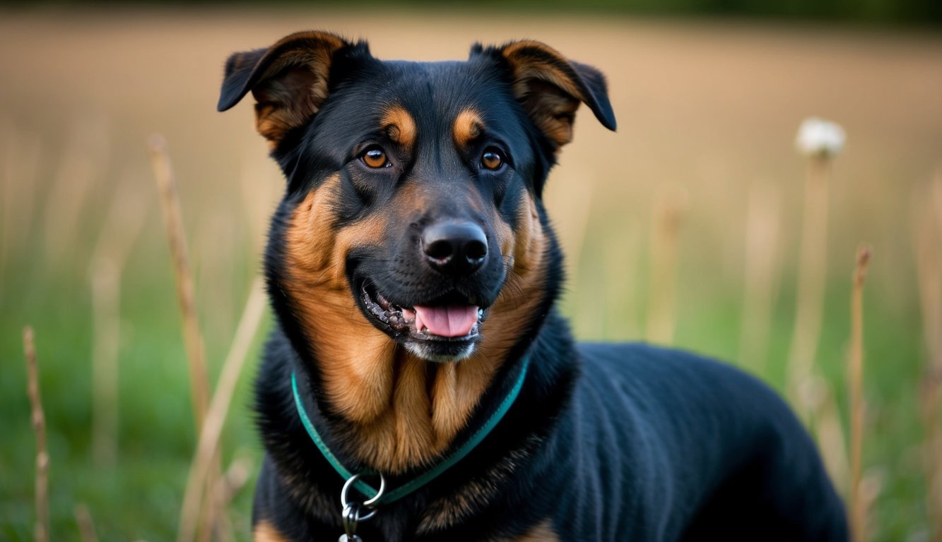 A Shepweiler with a green collar, this delightful German Shepherd Rottweiler Mix sits in a grassy field, looking to the side with its tongue slightly out.