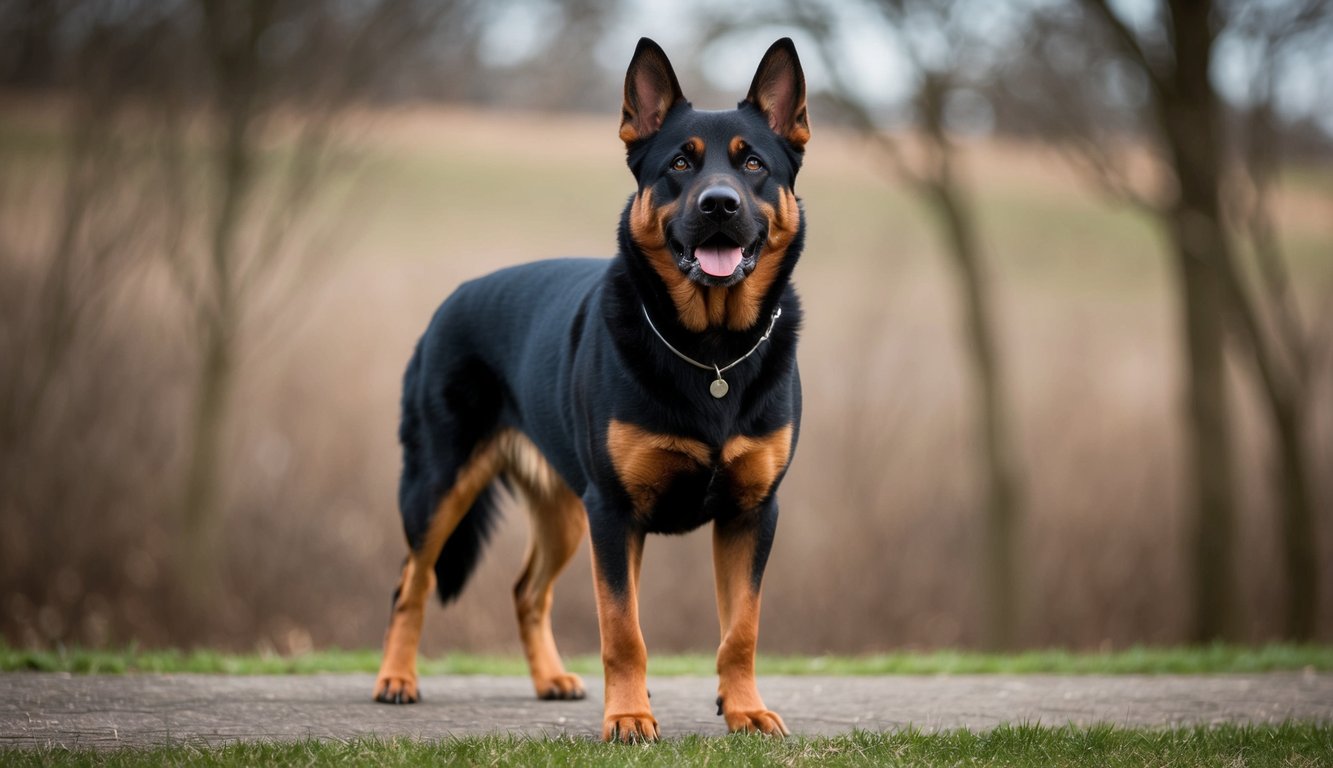 A Shepweiler, a striking German Shepherd Rottweiler mix, stands on a grassy path with trees in the background.