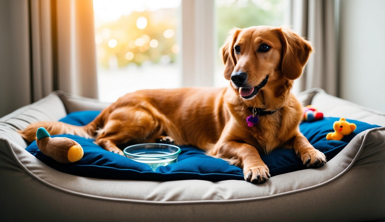 A charming Golden Dox lounges peacefully on a dog bed with a blue cushion, toys scattered around and a bowl nearby. Sunlight pours through the window, casting a warm glow on the tranquil scene.