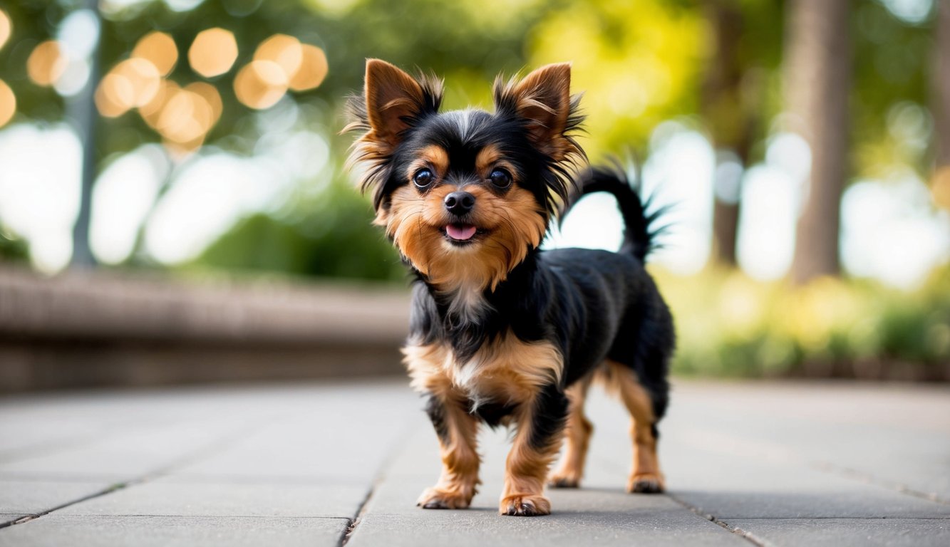 A tiny Chorkie stands on a paved path, its brown and black fur gleaming. In the background, blurred greenery and bokeh lights create a dreamy scene.