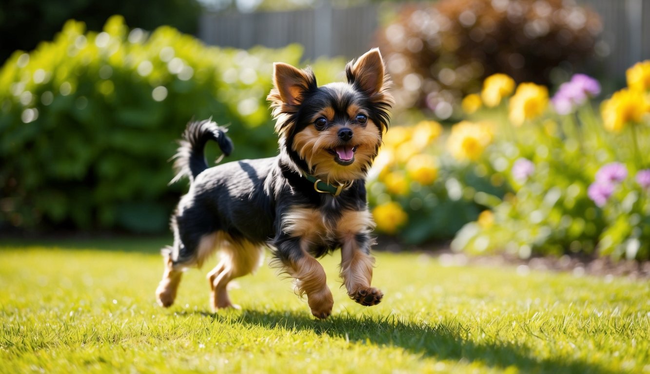 A tiny hybrid, the black and brown dog joyfully runs on a grassy lawn, with colorful flowers and green foliage in the background.