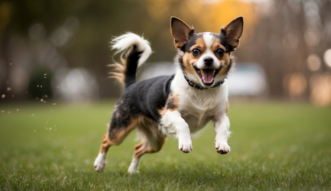 The feisty Terrier Chihuahua mix with a tricolor coat joyfully runs on the grass in a sunlit park setting.