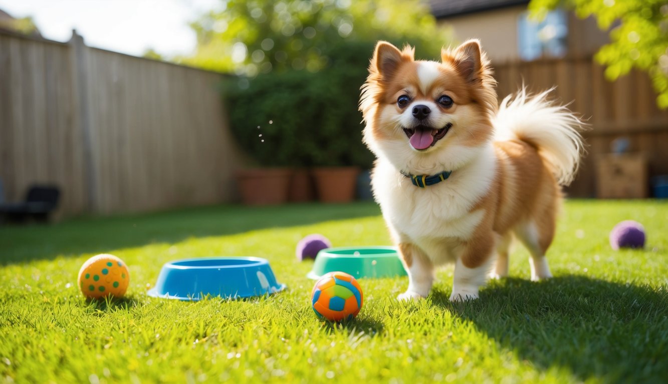 A fluffy Pomchi stands on grass in a backyard, surrounded by colorful toys and bowls, looking forward with its tongue out.