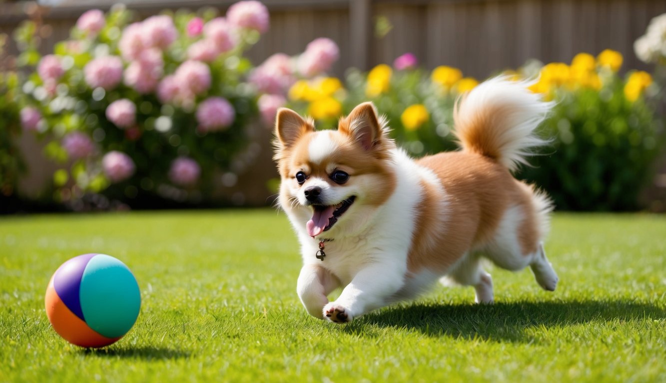 A spirited Pomchi races on the grass toward a colorful ball in a garden with blooming flowers in the background.