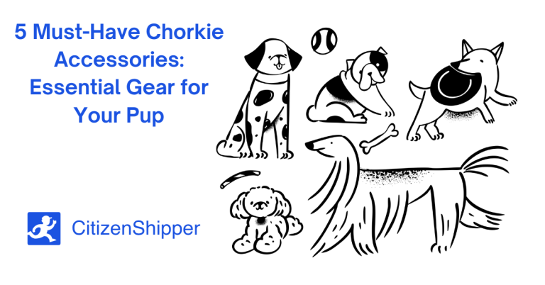 Illustration of various chorkies playing with toys. Text reads: "5 Must-Have Chorkie Accessories: Essential Gear for Your Pup." CitizenShipper logo at the bottom.