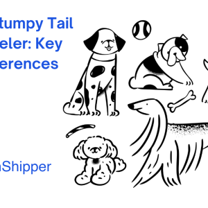 Illustration of various dog breeds and a tennis ball, featuring text about the differences between Australian Stumpy Tail and Blue Heeler breeds. The Australian Stumpy Tail, known for its bobbed tail, is distinct from its close cousin in both appearance and temperament.
