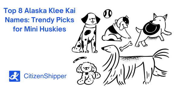 Illustration of various dog breeds with text: "Top 8 Alaska Klee Kai Names: Trendy Picks for Mini Huskies." Featuring the distinct charm of the Alaska Klee Kai, this guide offers perfect names for your mini husky. CitizenShipper logo at the bottom.