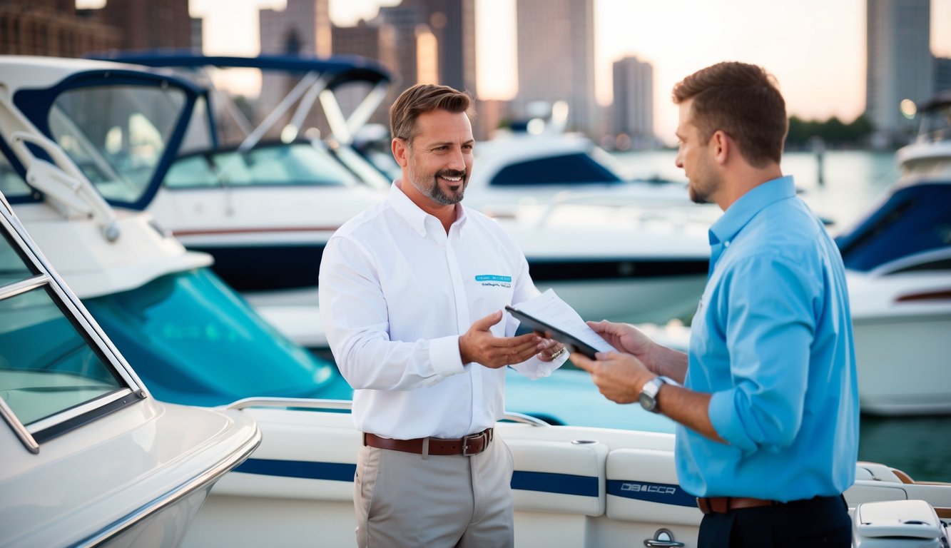 A boat broker assists a customer in navigating through various boat options in Chicago, IL. The broker showcases different boats for sale and provides information to help the customer make a purchase decision