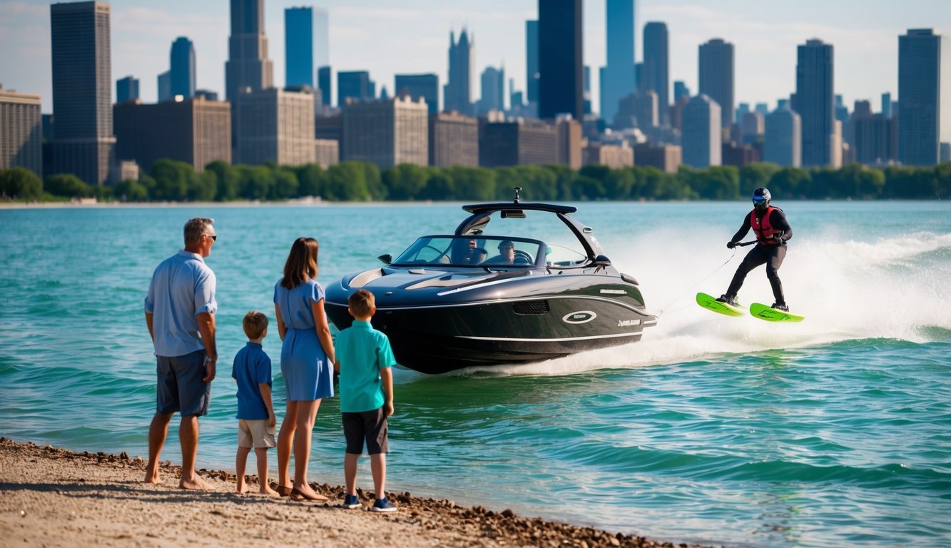 A family standing on the shore, watching as a sleek speedboat cuts through the water, towing a water-skier behind. The Chicago skyline is visible in the background