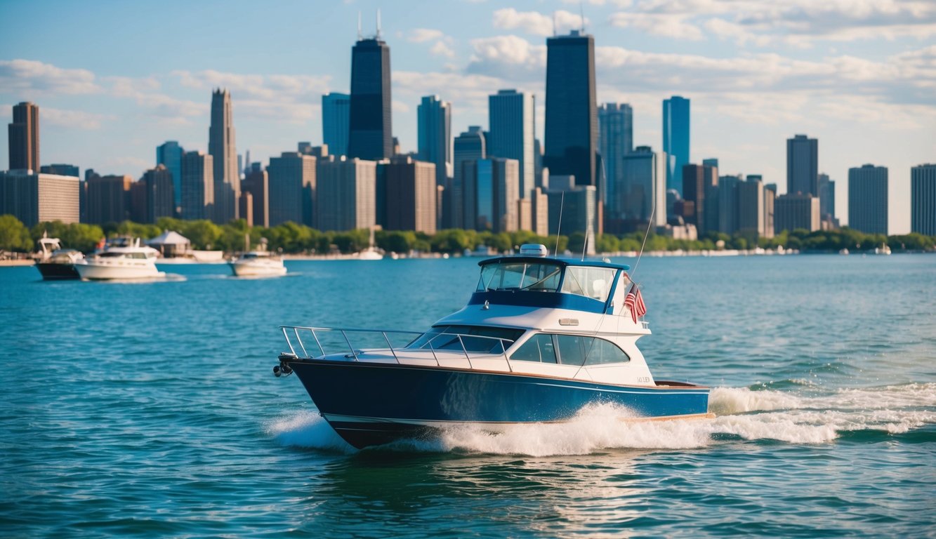 A boat sailing on the calm waters of Lake Michigan with the Chicago skyline in the background, surrounded by other boats and a bustling harbor