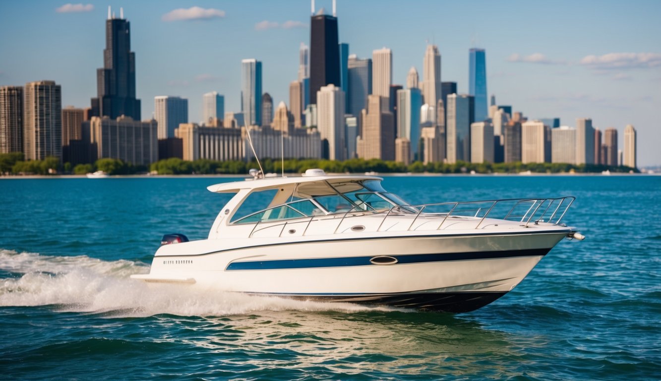 A boat sailing on Lake Michigan with the Chicago skyline in the background, showcasing the beauty and excitement of owning a boat in the city