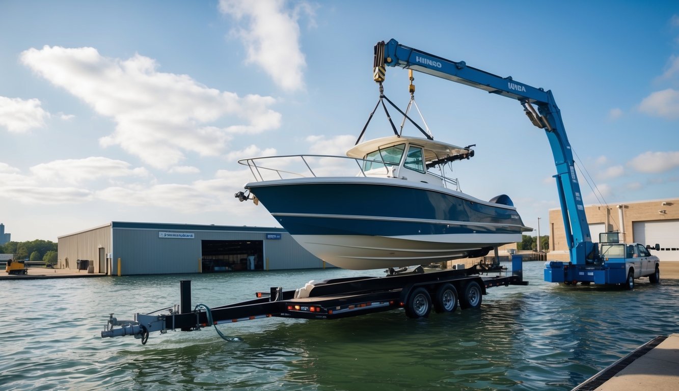 A boat being lifted out of the water by a crane onto a trailer, with a storage facility and maintenance area in the background in Chicago, IL