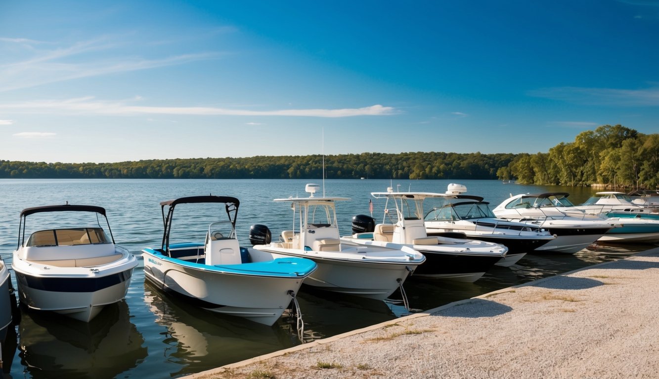 A sunny day on Lake Ozark with various types of boats docked along the shore, showcasing the different materials and designs available for lake adventures