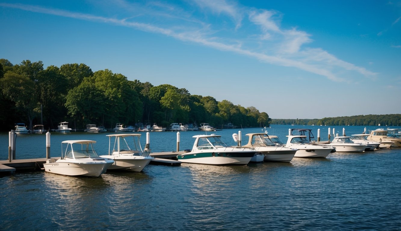 A serene lake with boats of various sizes and styles docked along the shore, surrounded by lush green trees and clear blue skies