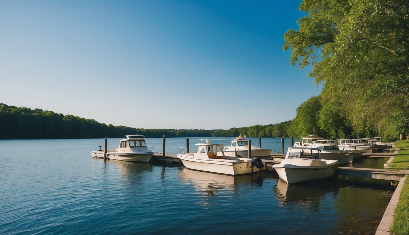 A serene lake with boats docked along the shore, surrounded by lush green trees and a clear blue sky