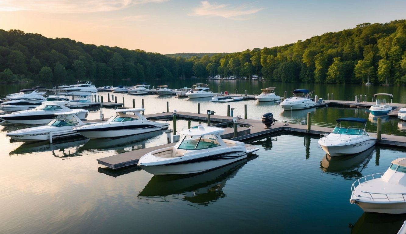 A serene lake surrounded by lush greenery, with a variety of boats docked at a marina, showcasing the options available for lake adventures in Lake Ozark, MO