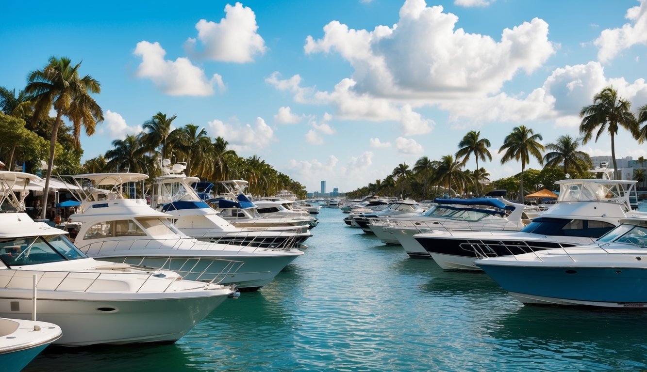 A bustling Miami boat market with various boats on display, surrounded by palm trees and the sparkling waters of the Florida coast
