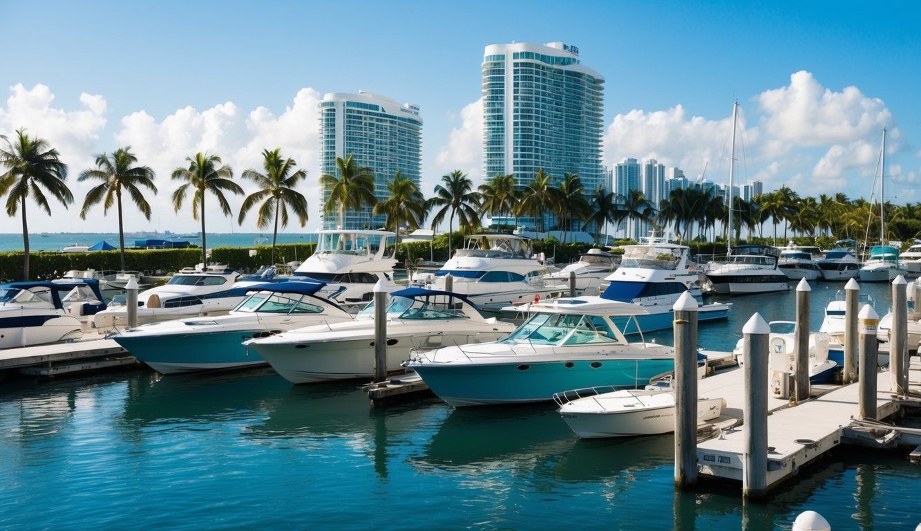 A sunny Miami marina with boats of various sizes and styles docked along the waterfront, with a backdrop of palm trees and high-rise buildings
