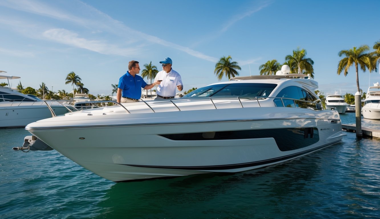 A boat broker and dealer in Miami, FL inspects a sleek, white yacht in the marina, surrounded by palm trees and sparkling water