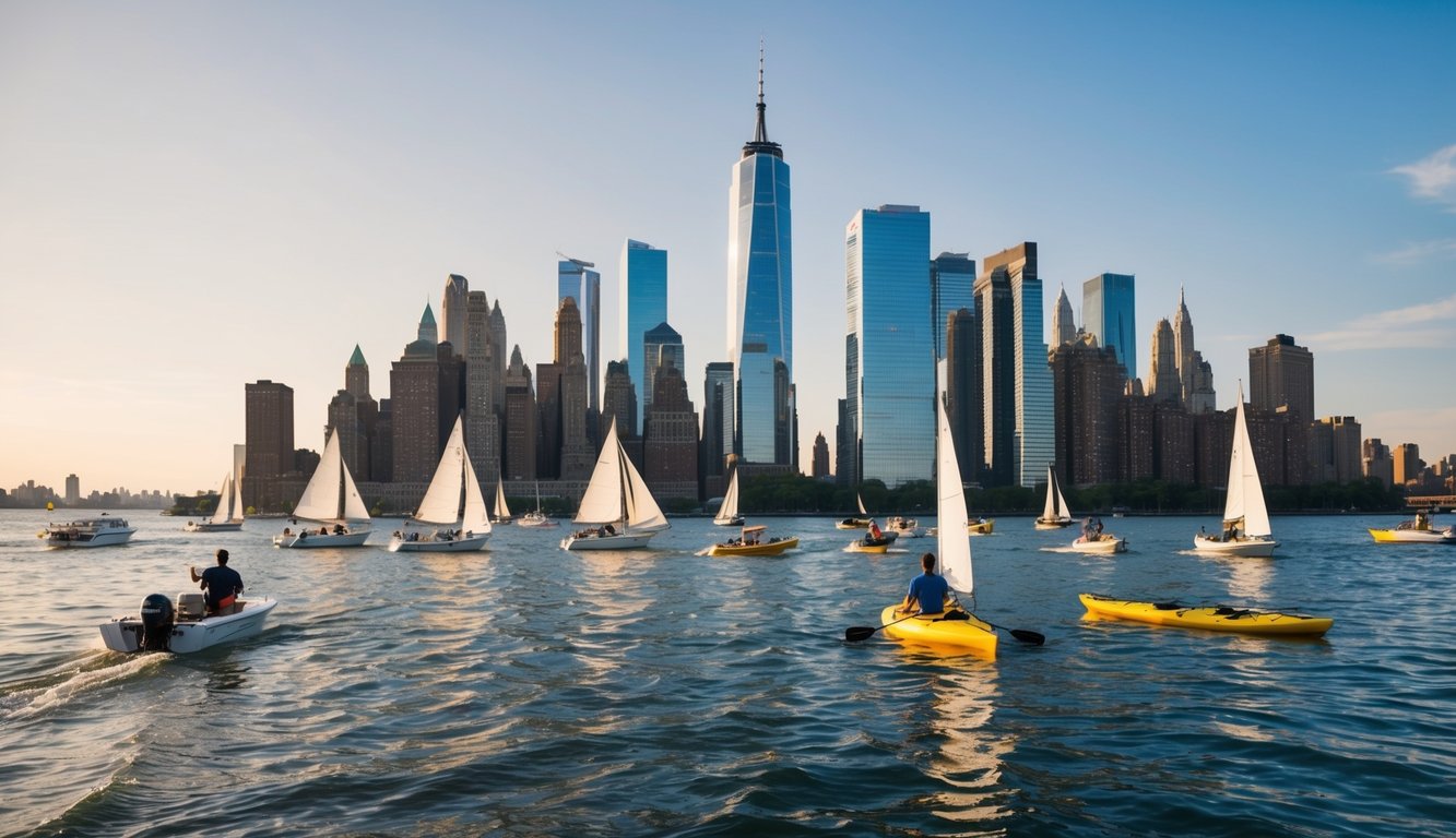 A variety of boats navigate through the iconic New York City skyline, including sailboats, motorboats, and kayaks, on the calm waters of the Hudson River