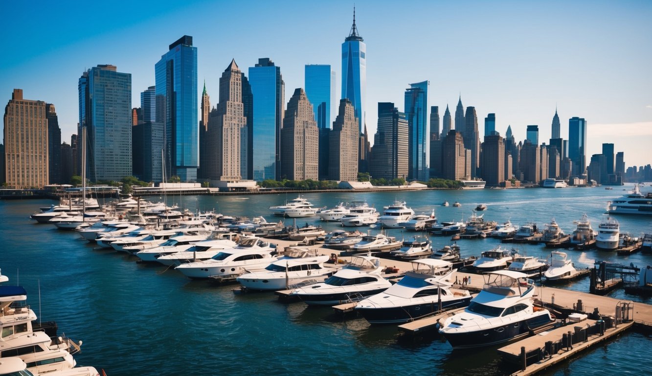 A bustling marina with boats of all sizes docked along the Hudson River, surrounded by skyscrapers and the iconic New York City skyline