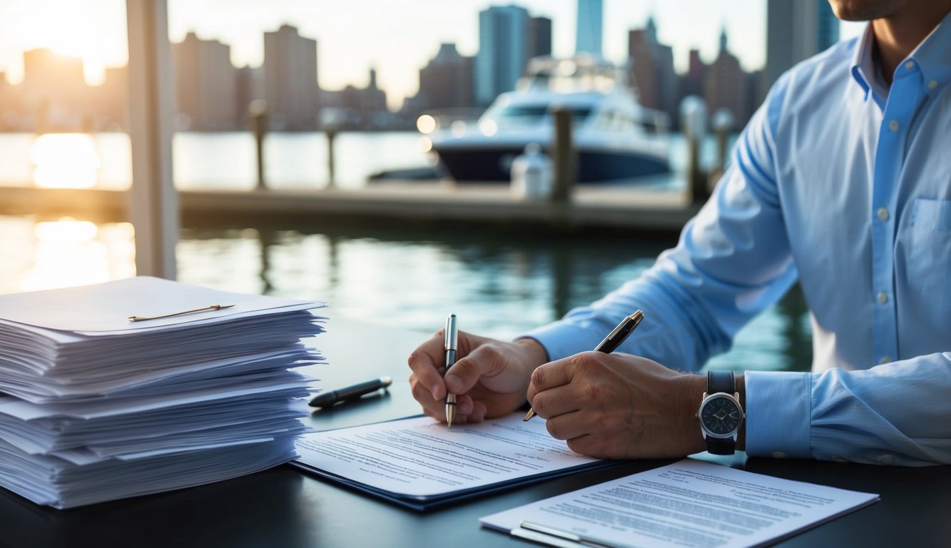A person signing legal documents at a boat dealership in New York City, with a stack of paperwork and a pen on a desk