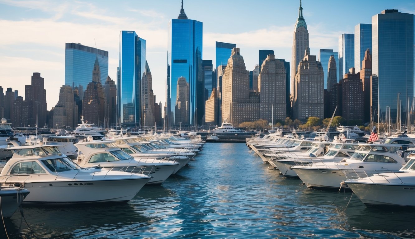 A busy marina with boats lined up for inspections and surveys in New York City. Tall buildings and cityscape in the background