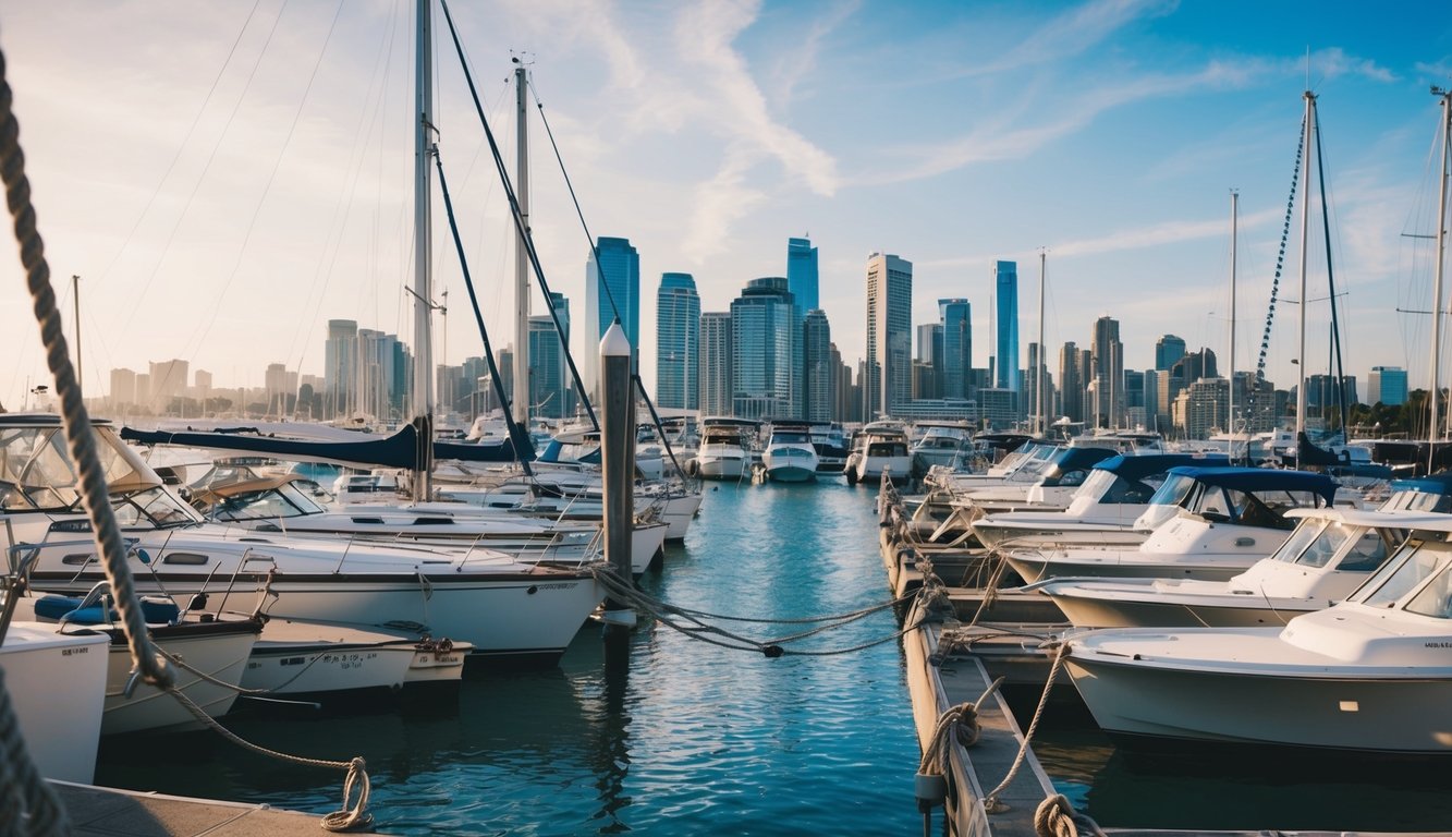 A bustling marina with boats docked, ropes being tied, and a city skyline in the background