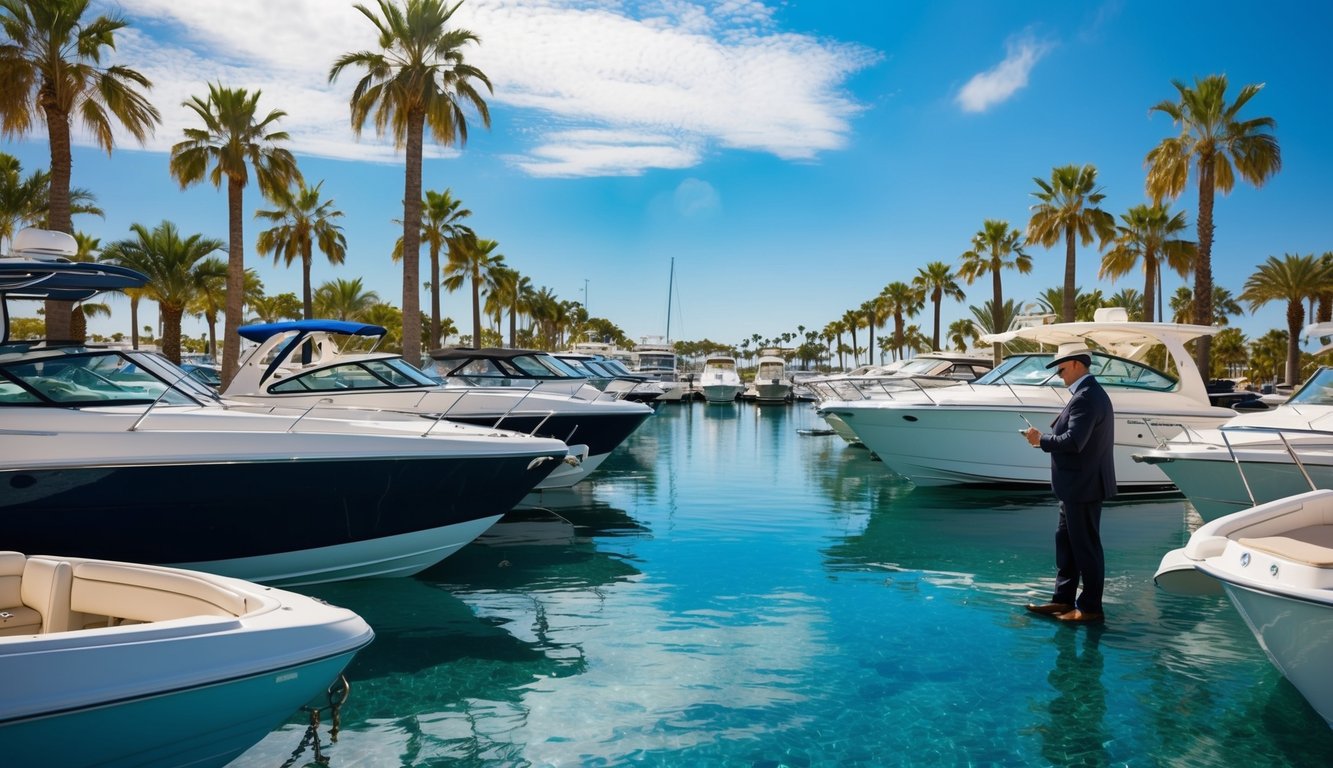 A sunny marina with various boats on display, surrounded by palm trees and clear blue water, with a salesperson assisting a customer