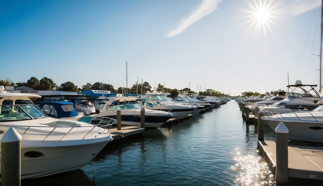 A bustling marina in Orlando, FL, with various boat dealers and buying outlets lining the dock. Sunshine glimmers on the water as potential buyers explore their options