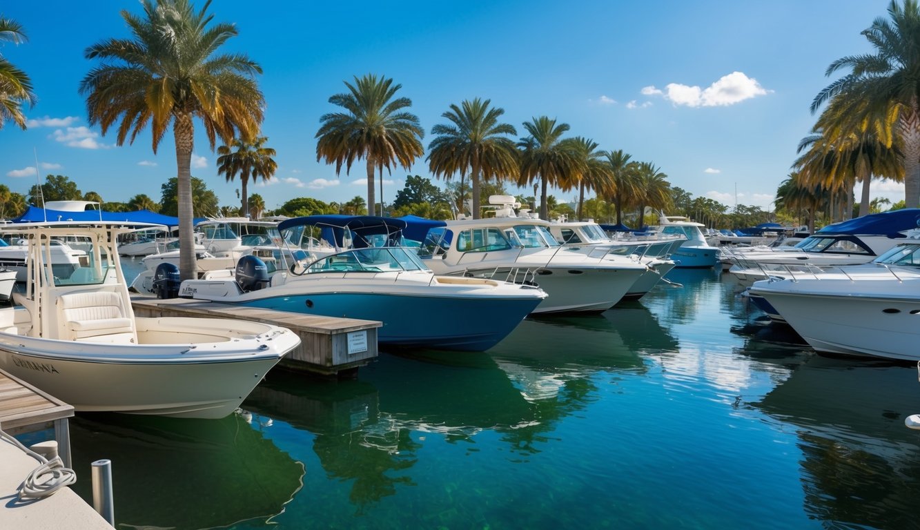 A sunny marina in Orlando, FL with various boats for sale, surrounded by palm trees and clear blue water