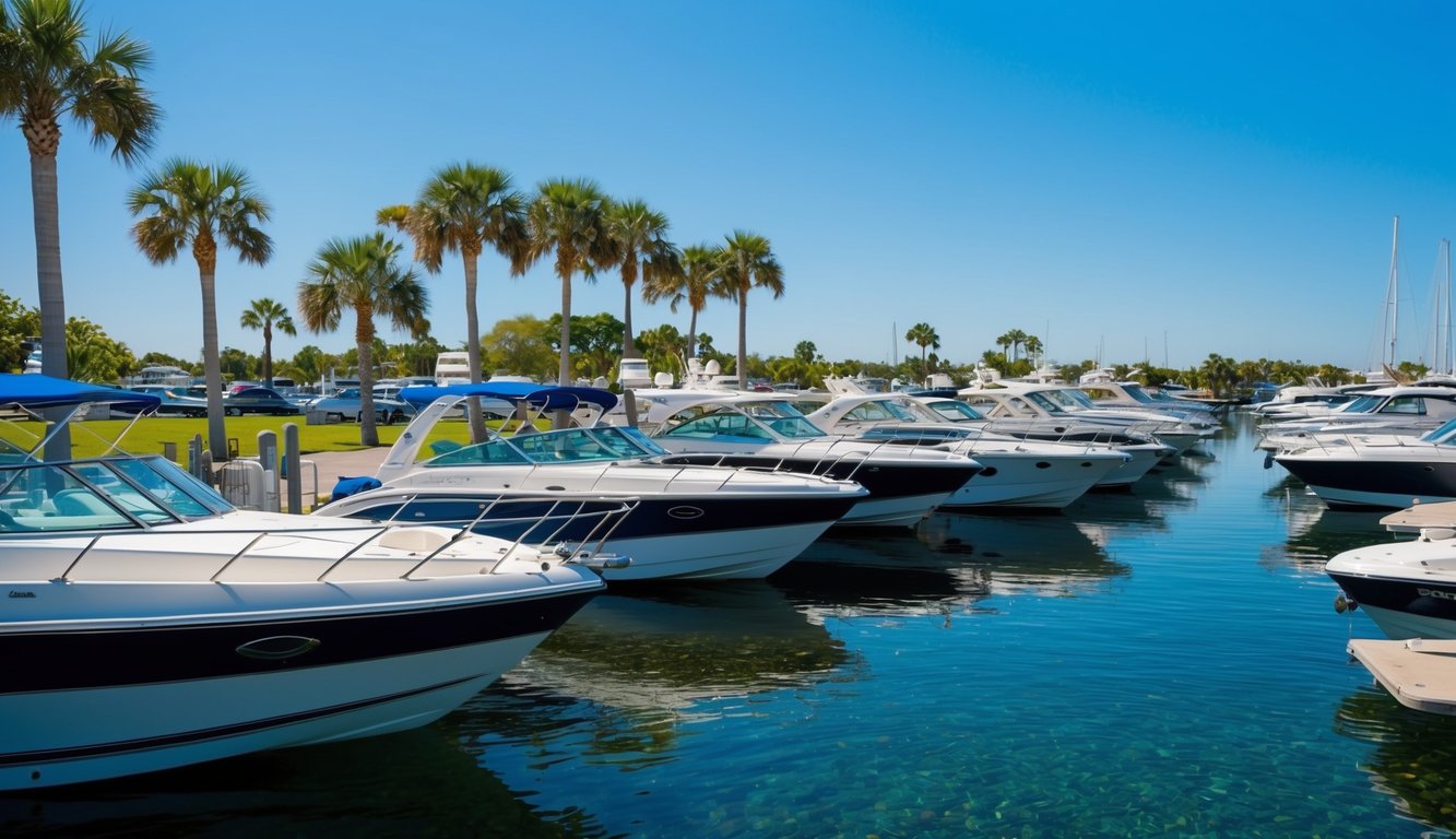 A sunny marina with a variety of boats for sale, surrounded by palm trees and clear blue water in Orlando, FL