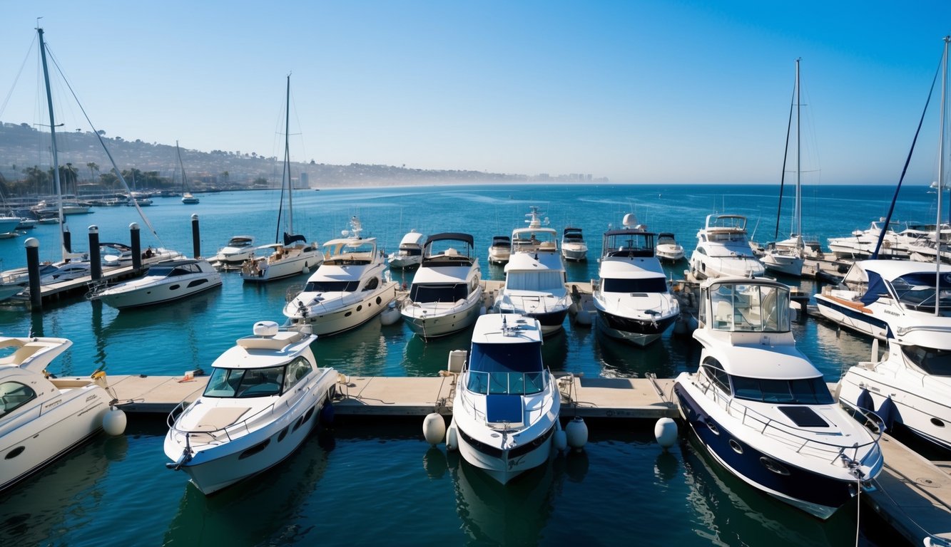 A sunny day on the Los Angeles coast, with a variety of boats docked at a marina. A mix of sailboats, speedboats, and yachts are available for purchase