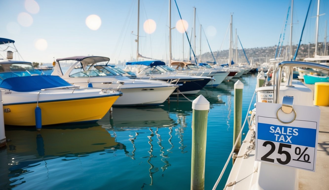 A sunny marina in Los Angeles, with colorful boats docked along the coast. A price tag and sales tax percentage displayed on a boat for sale