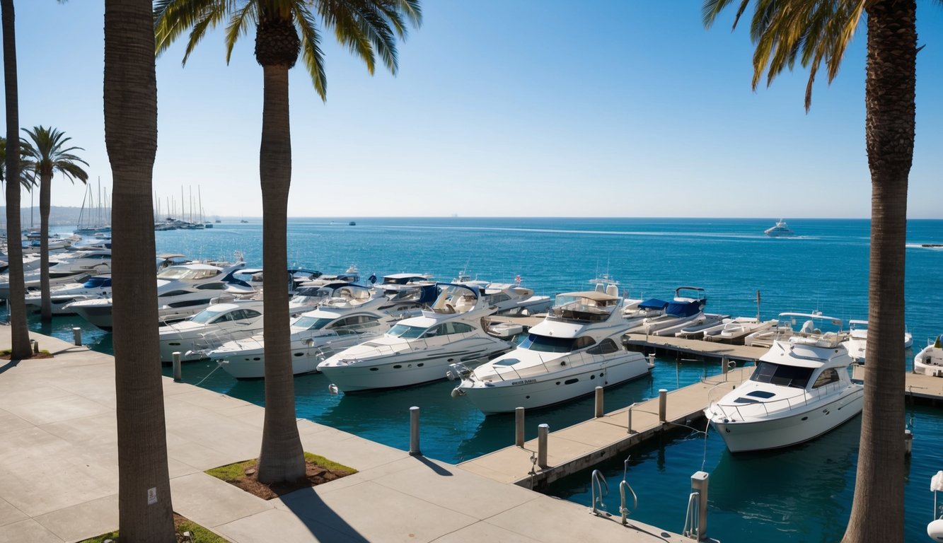 A sunny day at the marina in Los Angeles, with palm trees swaying in the breeze and boats of all sizes lining the docks. The sparkling blue ocean stretches out to the horizon