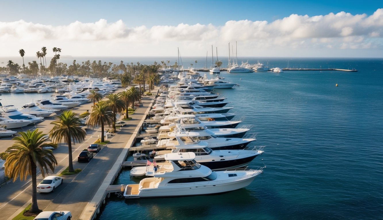 A bustling marina with boats of all sizes lined up, surrounded by palm trees and the glistening waters of the Pacific Ocean