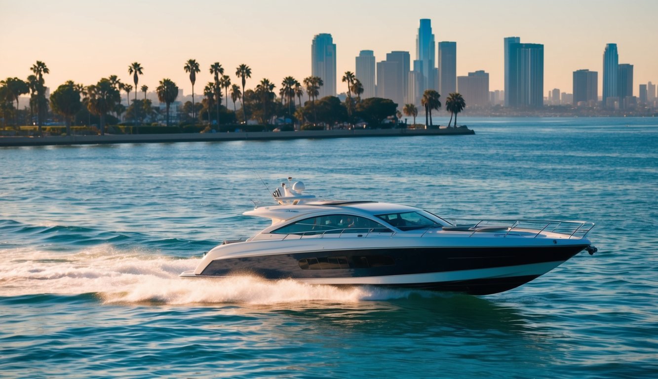 A sleek boat glides through the sparkling waters off the coast of Los Angeles, surrounded by palm trees and a vibrant cityscape